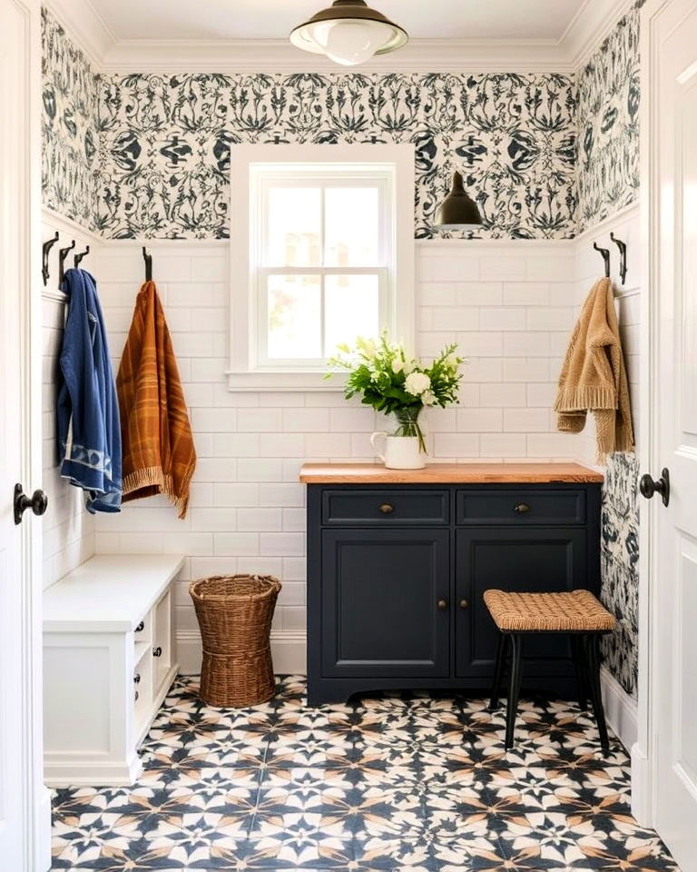 budget friendly patterned vinyl tiles - 15 Mudroom Tile Floor Ideas