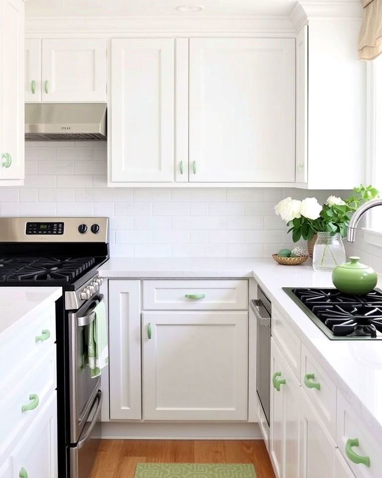 budget friendly sage green hardware - 25 Sage Green and White Kitchen Ideas