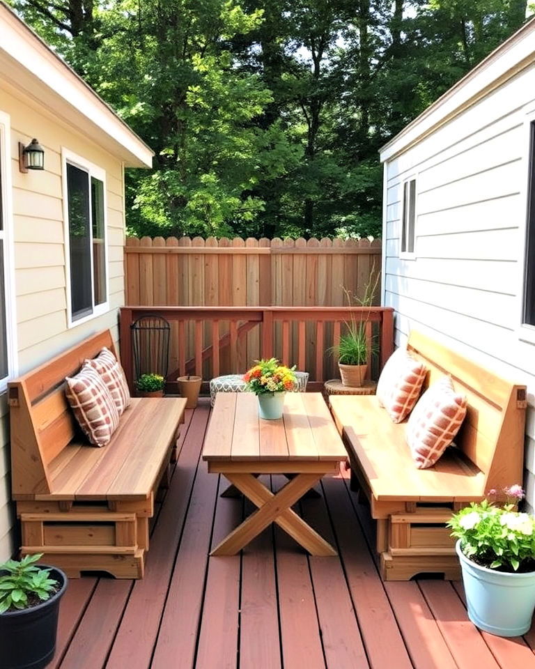 budget friendly simple wooden bench deck - 30 Backyard Deck Ideas on a Budget