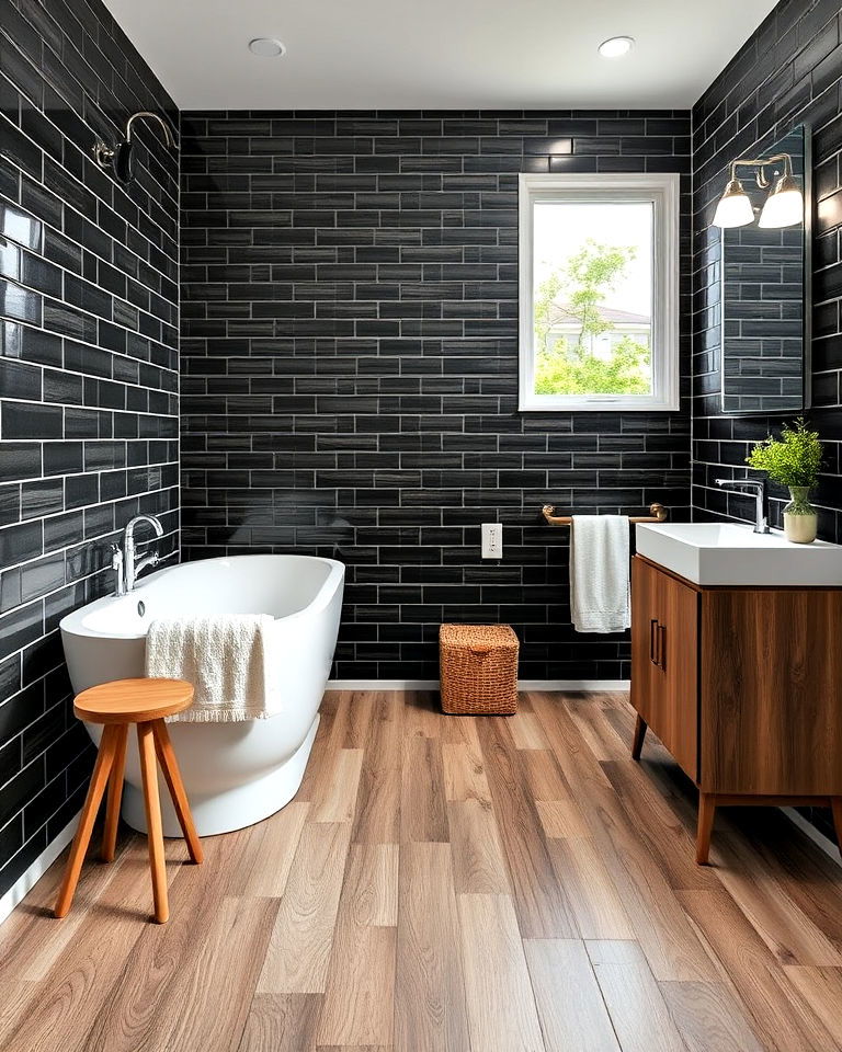 budget friendly vinyl wood planks - 25 Ideas for Wood Floors in Bathrooms