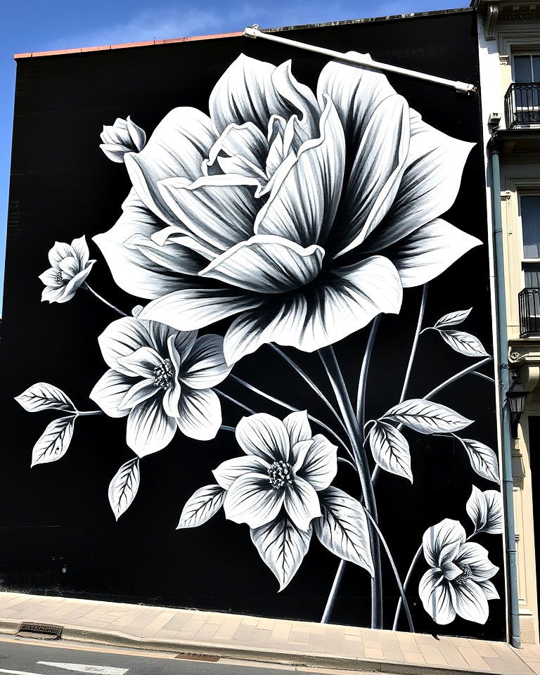 building with black and white flower mural - 20 Flower Murals on Buildings