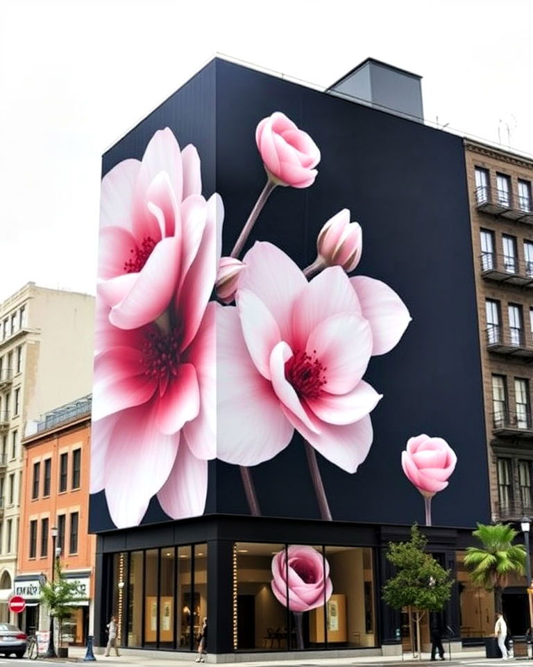 building with monochromatic flower mural - 15 Flower Murals on Buildings
