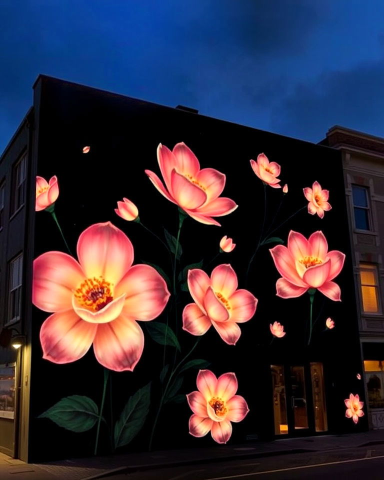 building with nighttime floral glow - 15 Flower Murals on Buildings