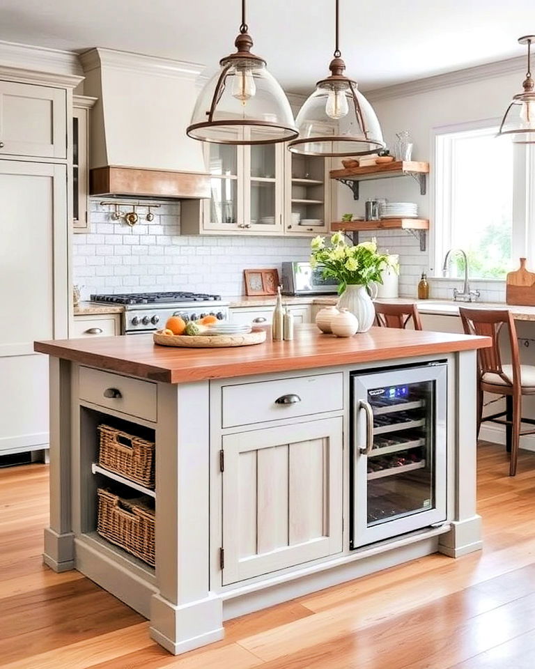 built in appliance with farmhouse kitchen island - 25 Farmhouse Kitchen Island Ideas