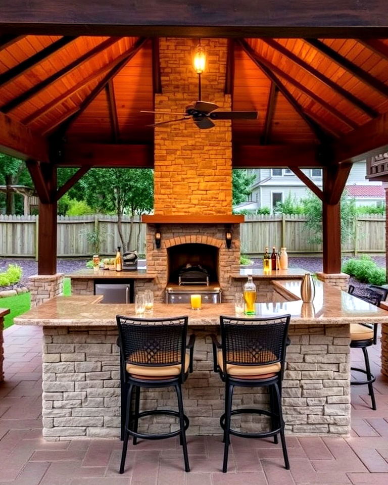 built in bar with pavilion and fireplace - 15 Backyard Pavilions With Fireplaces