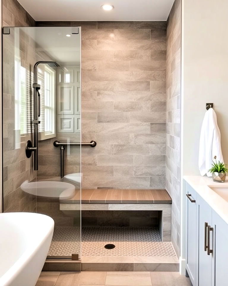 built in bench in an open concept shower - 30 Open Concept Bathroom Ideas
