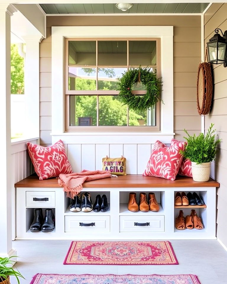 built in bench with compact porch - 25 Raised Ranch Front Porch Ideas