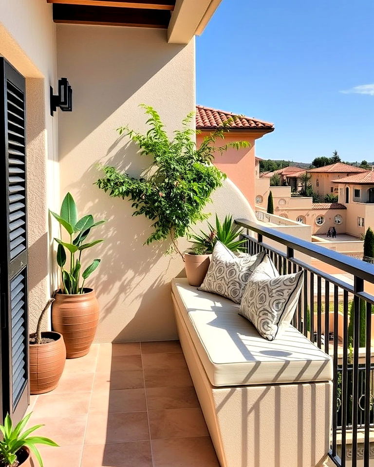 built in bench with cushions for balcony - 20 Mediterranean Balcony Ideas