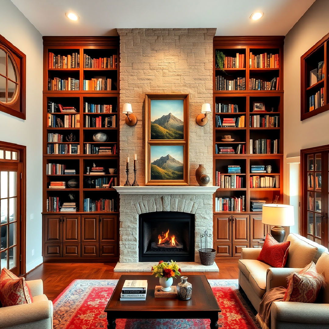 built in bookcases for two story fireplace - 25 Two-story Fireplace Ideas