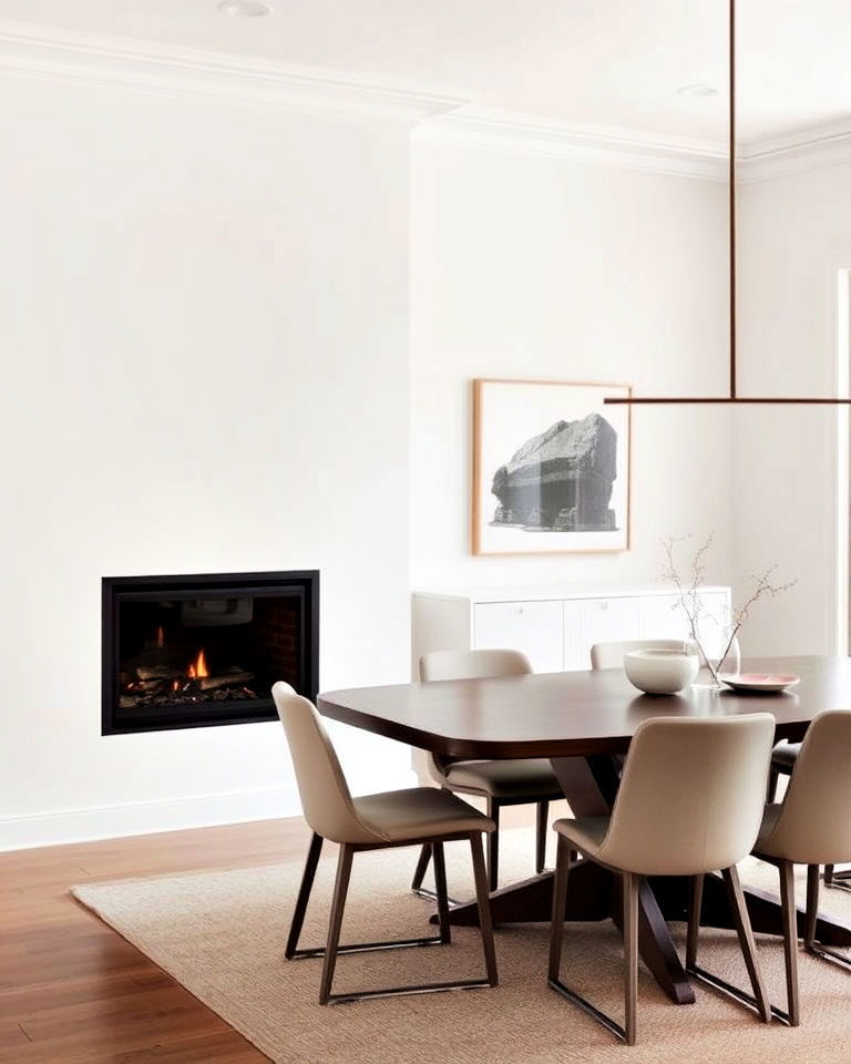 built in fireplace in minimalist dining room - 30 Dining Rooms With Fireplaces
