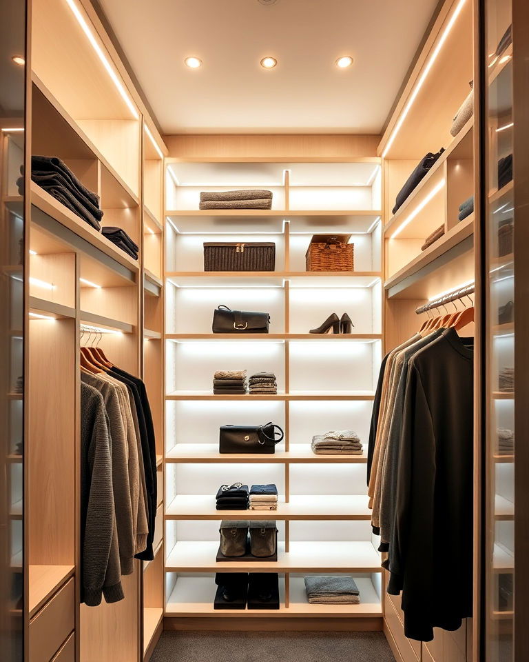 built in led lighting with customizable shelving - 30 Dressing Room Ideas