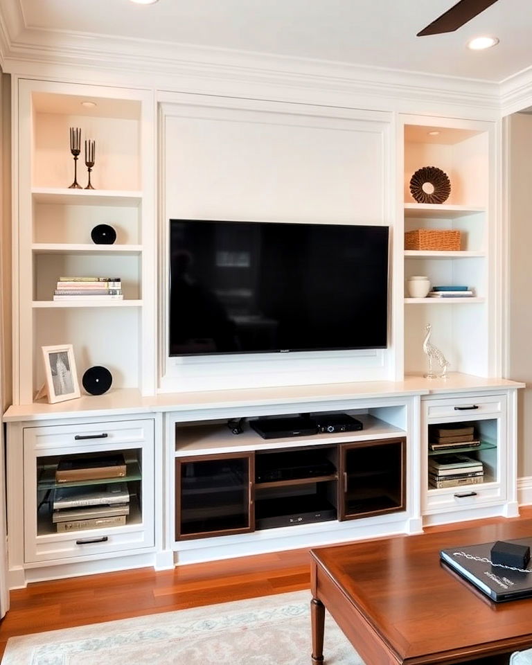 built in media wall for living room storage - 30 Living Room Storage Ideas