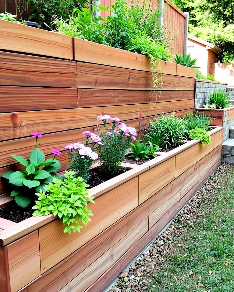 built in planters with wooden retaining wall - 25 Down Sloped Backyard Ideas