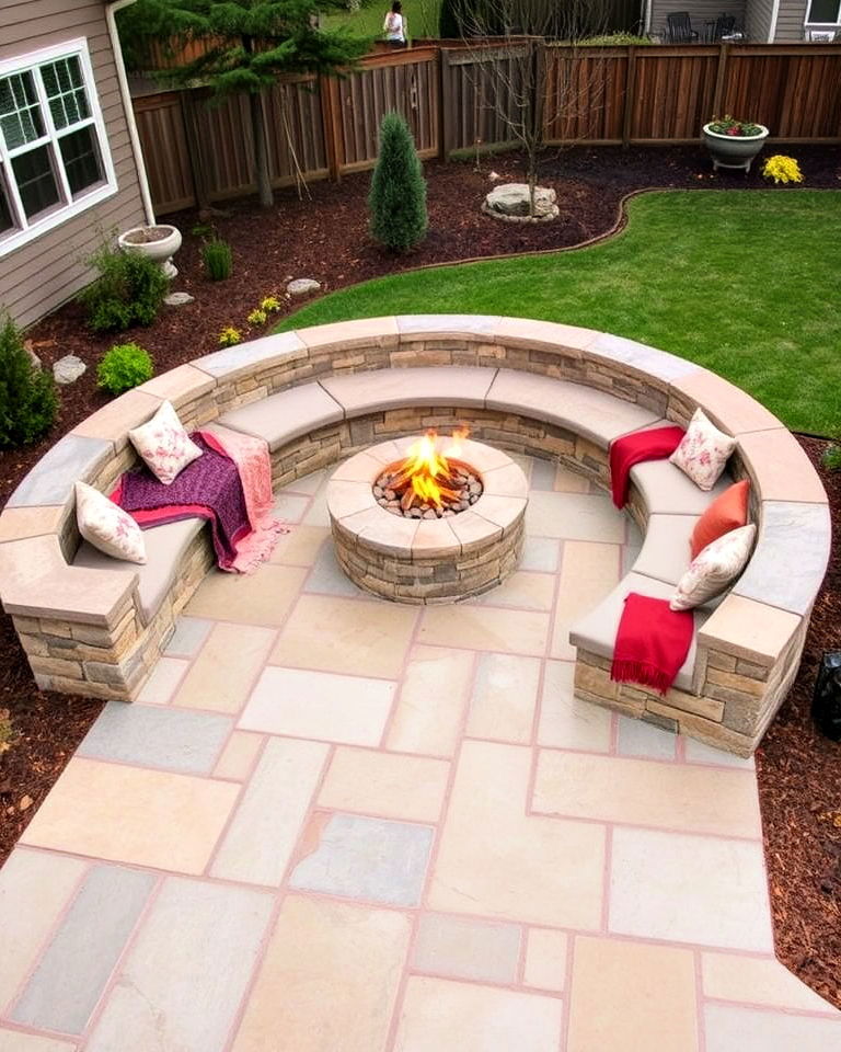 built in seating around your fire pit - 25 Stone Patio With a Fire Pit Ideas
