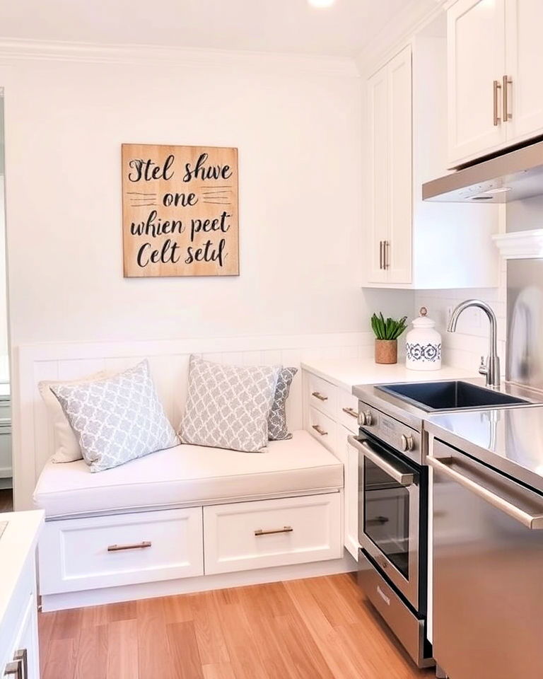 built in seating for white kitchen with stainless steel appliances - 25 White Kitchen with Stainless Steel Appliances Ideas