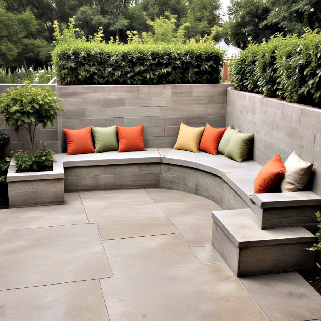 built in seating walls constructed from concrete - 40 Concrete Patio Ideas