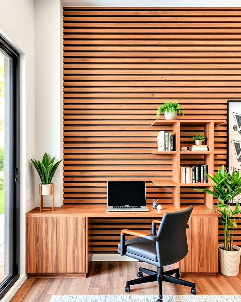 built in shelves with slatted accent wall - 40 Wood Slat Accent Wall Ideas