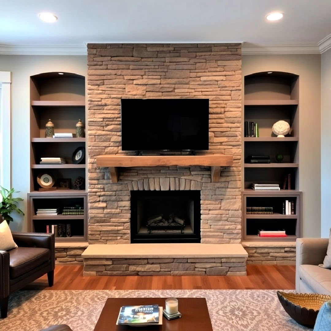 built in shelves with stacked stone fireplace - 25 Stacked Stone Fireplace Ideas