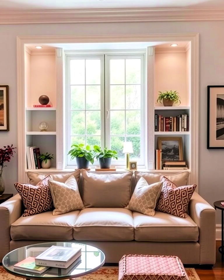 built in shelving behind the couch - 20 Couch in Front of Window Ideas