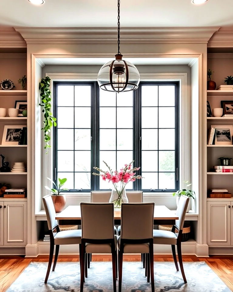 built in shelving with picture windows - 25 Dining Room Window Ideas