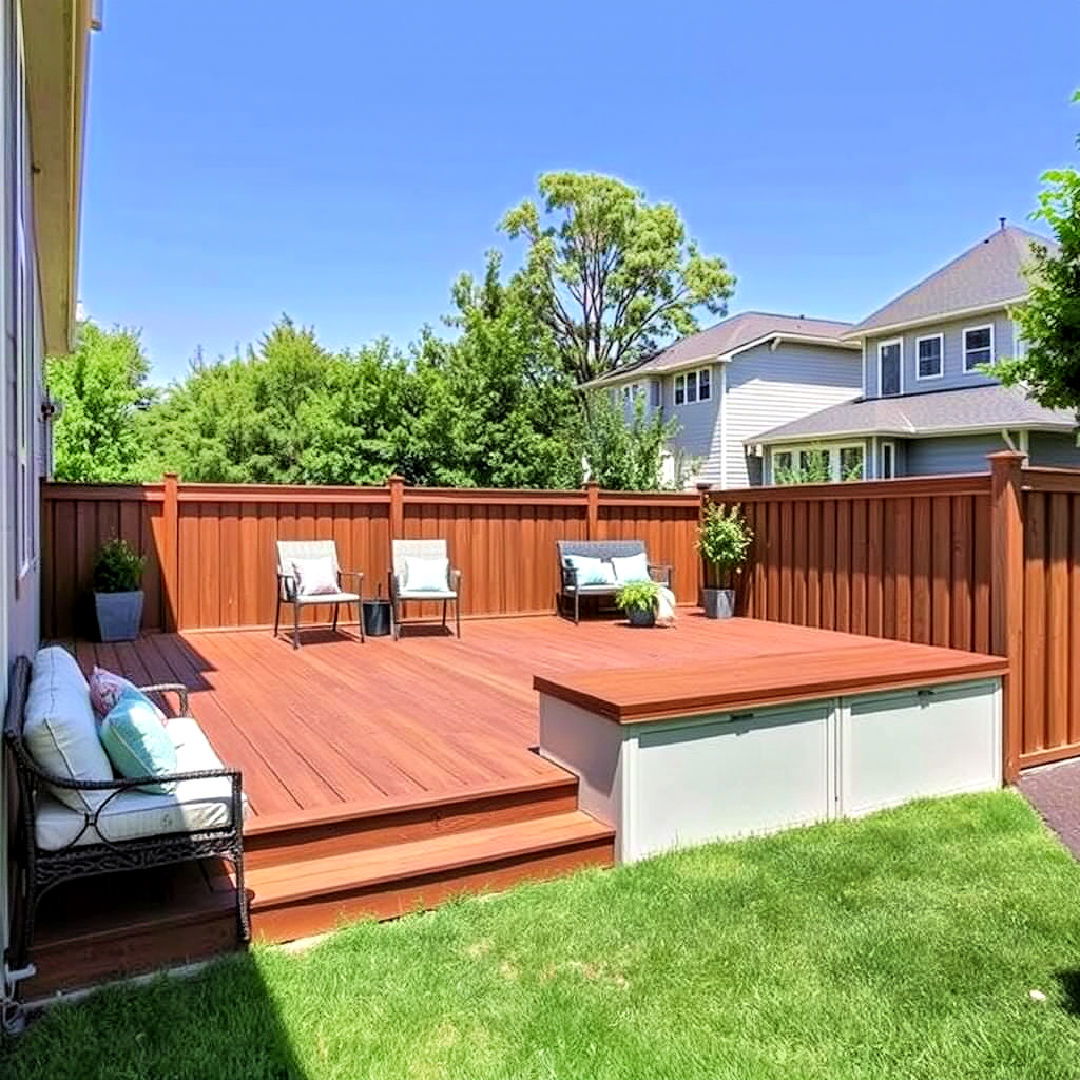 built in storage deck - 25 Ground Level Deck Ideas