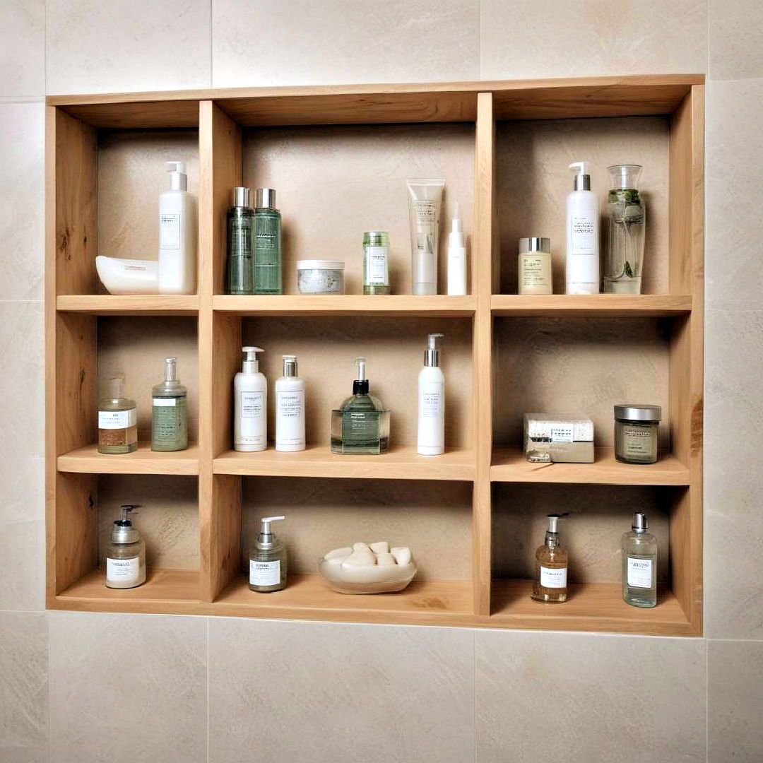 built in storage niche idea - 40 Modern Bathroom Ideas