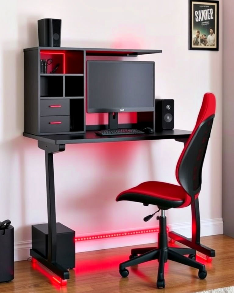 built in storage with compact red and black gaming desk - 20 Red and Black Gaming Setup Ideas