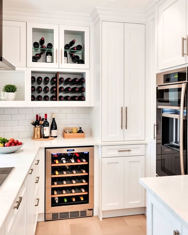 built in wine fridge with white kitchen - 25 White Kitchen with Stainless Steel Appliances Ideas