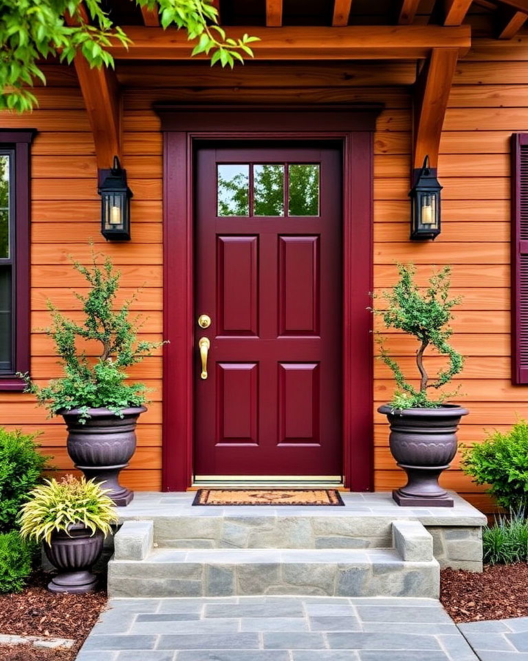 burgundy front door paired with cedar - 20 Cedar Front Door Colors Ideas