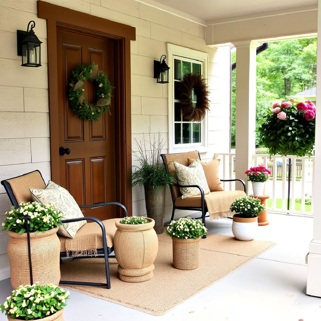 burlap accents for porch decor - 25 Rustic Front Porch Ideas