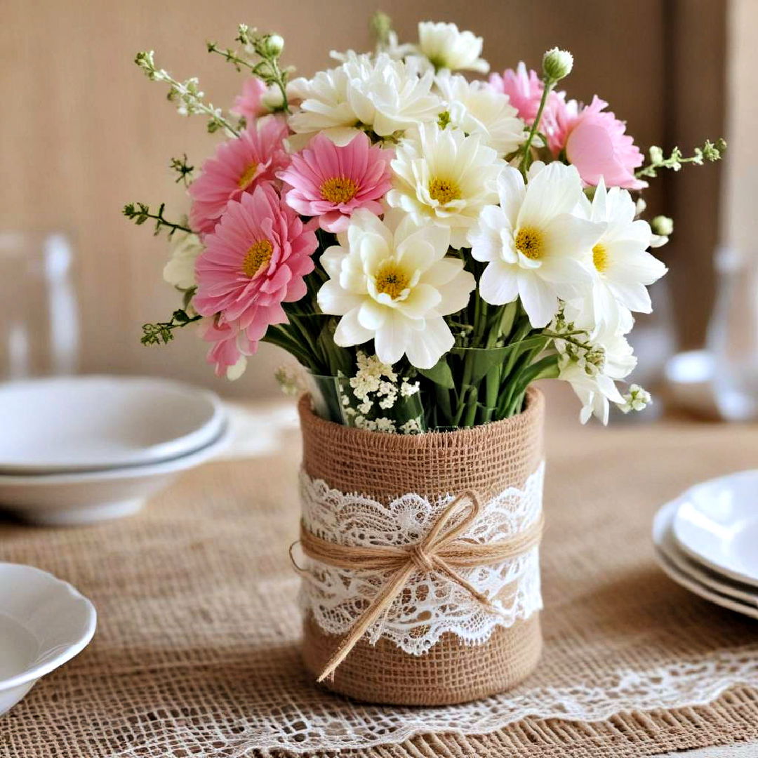 burlap and lace centerpiece - 25 Spring Centerpiece Ideas