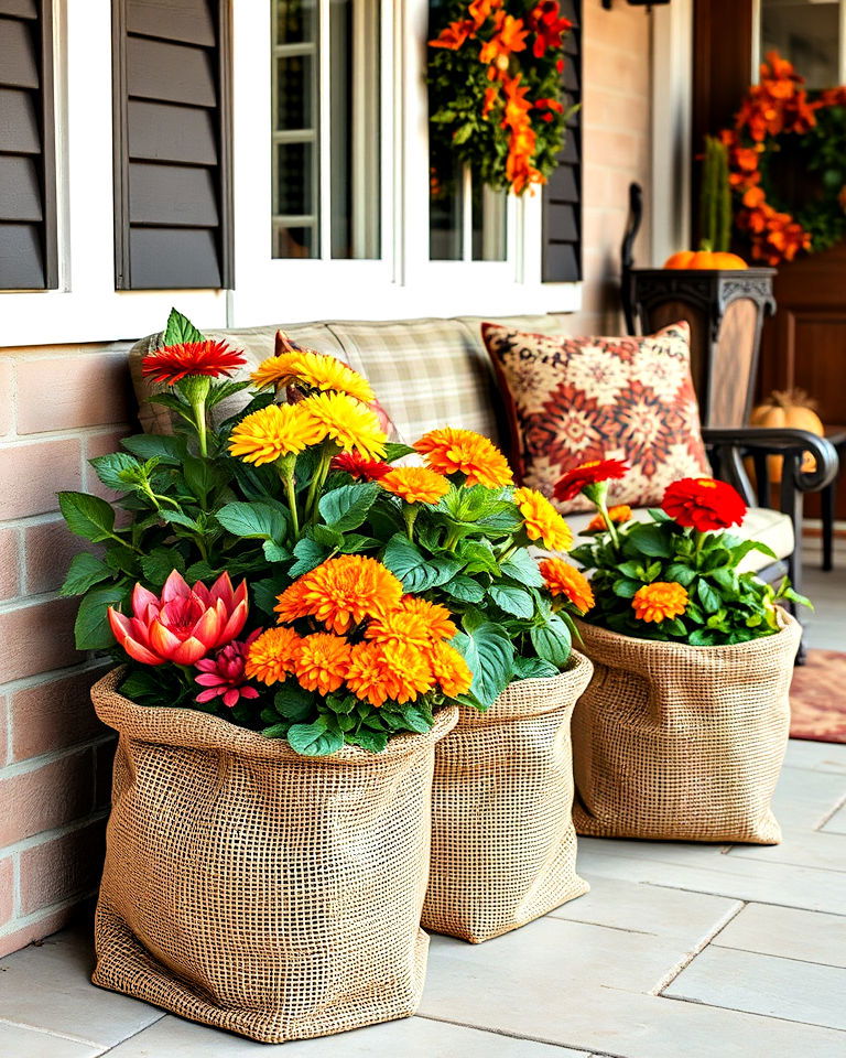 burlap sack planter for fall - 40 Fall Planter Ideas