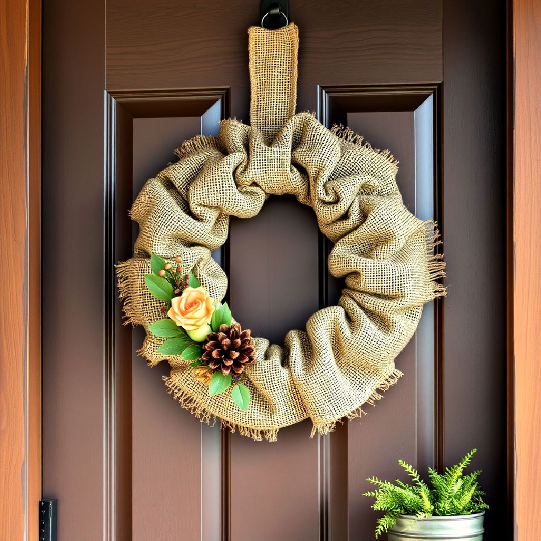 burlap wreath to add rustic touch - 25 Rustic Front Porch Ideas