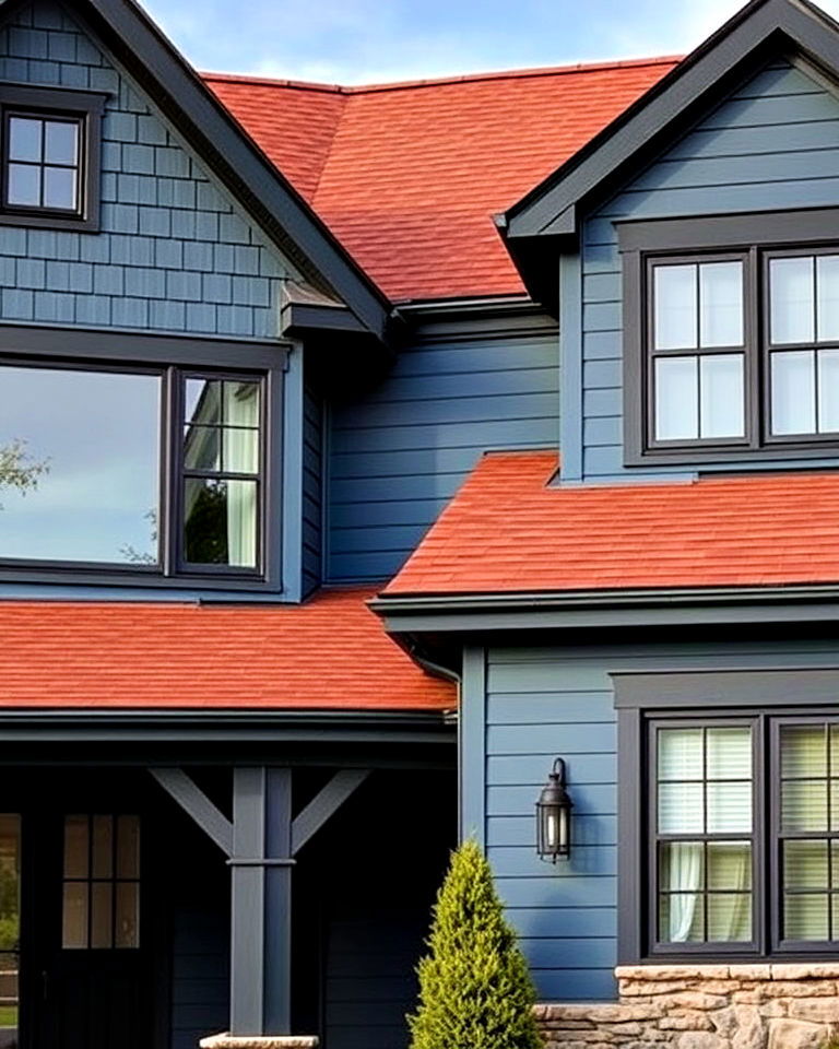 burnt umber roof and steel blue siding - 25 Blue Exterior Home With a Brown Roof Ideas