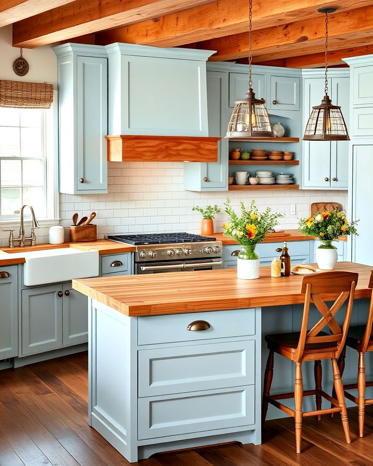butcher block countertops and light blue cabinets - 20 Light Blue Kitchen Cabinets Ideas
