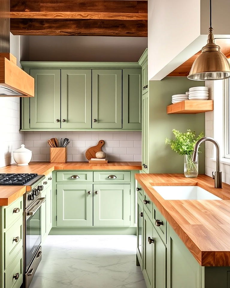 butcher block countertops and sage green cabinets - 20 Rustic Sage Green Kitchen Cabinets