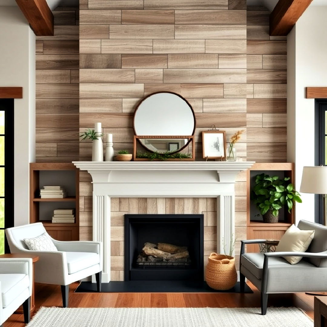 cabin like aesthetic distressed wood look planks - 30 Farmhouse Fireplace Tile Ideas
