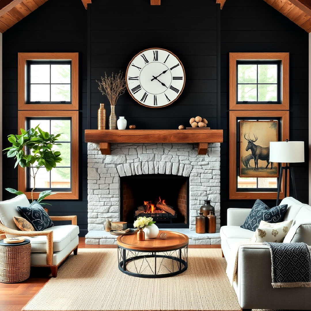 cabin like black shiplap fireplace - 40 Black Shiplap Fireplace Ideas