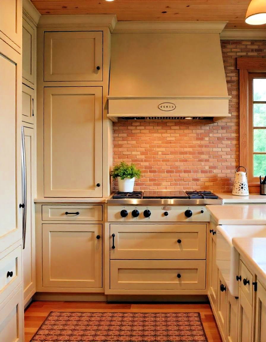 cabin like brick backsplash - 20 Primitive Kitchen Ideas
