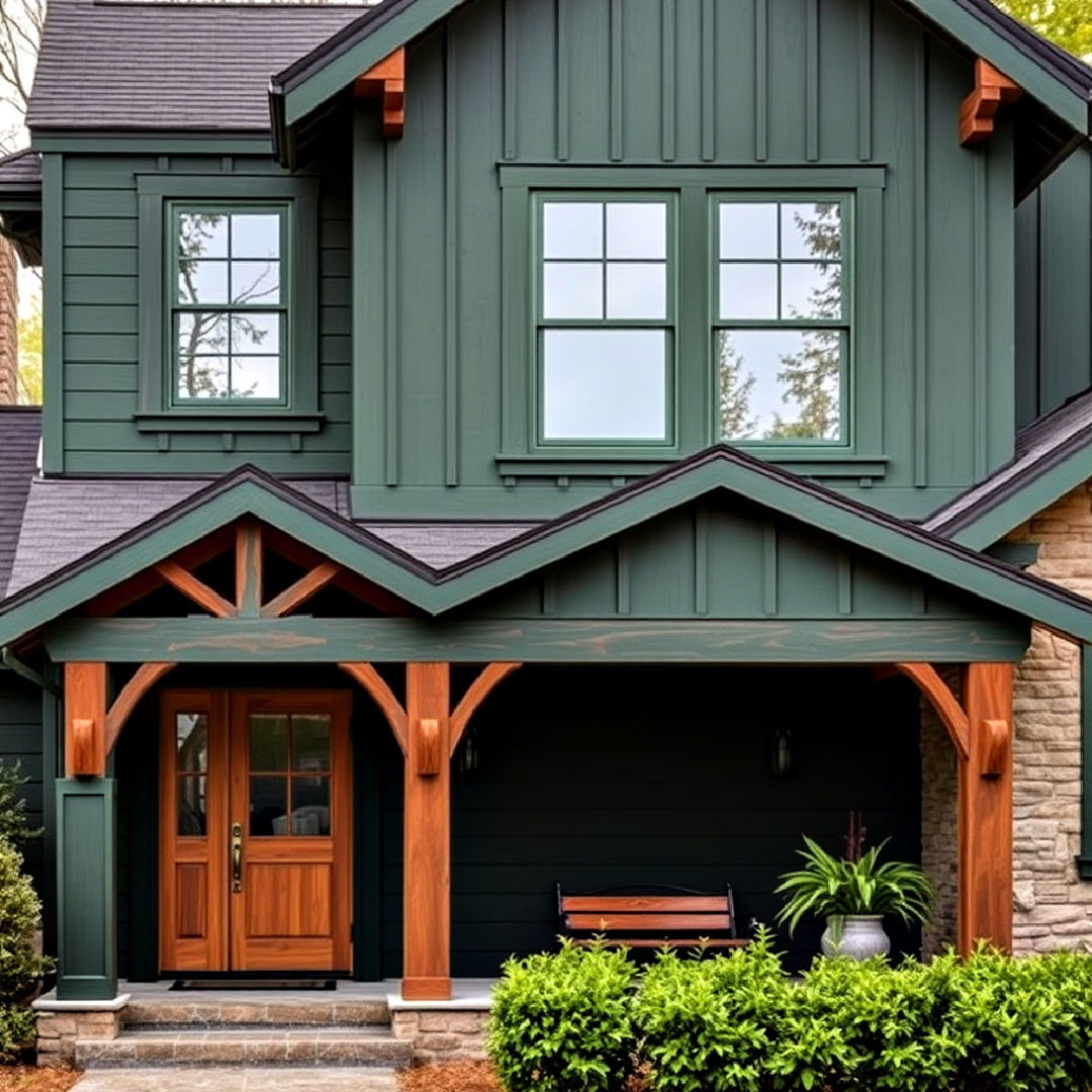 cabin like dark green with warm wood tones - 40 Dark Green Exterior Paint Color Schemes