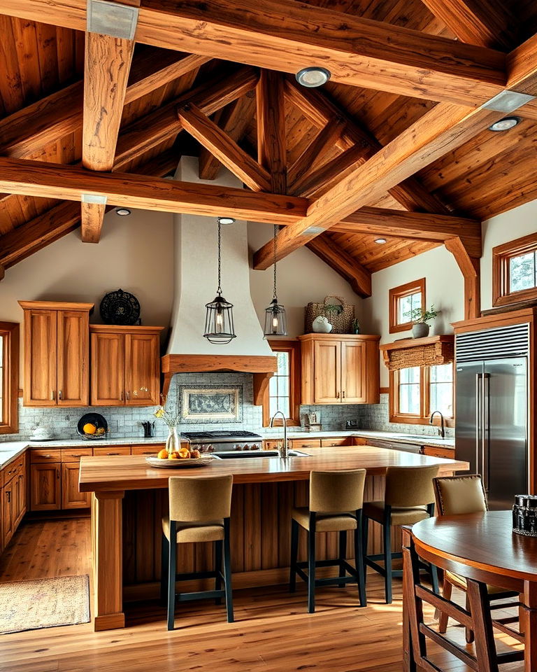 cabin like vibe exposed wooden beams - 20 Mountain House Kitchen Ideas