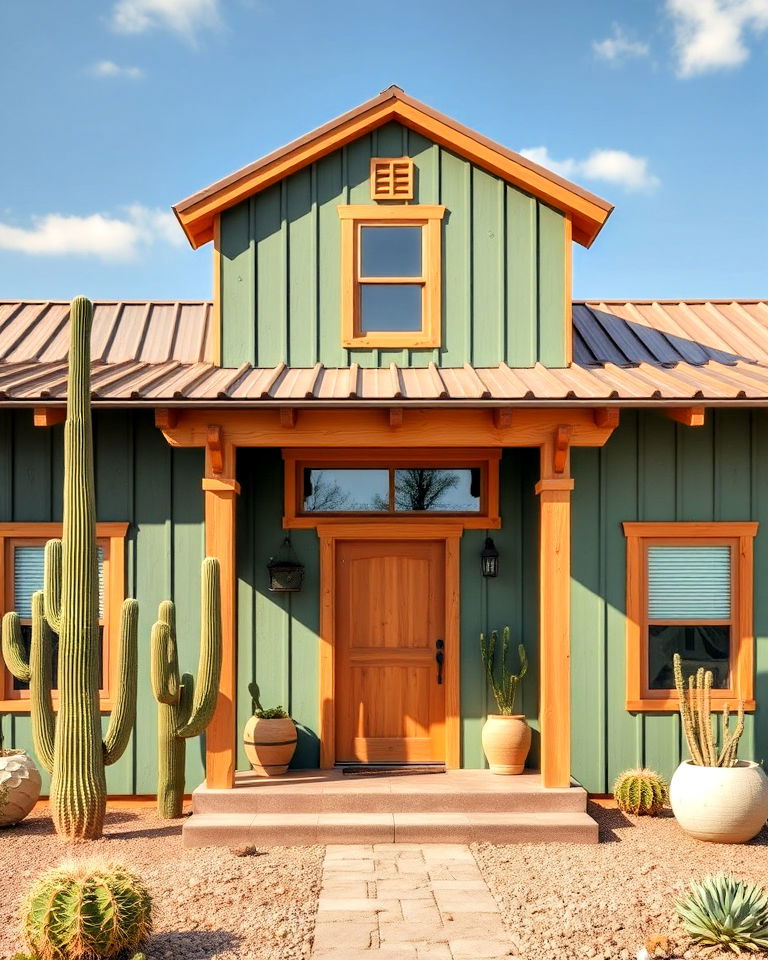 cactus green and natural wood trim - 25 Farmhouse Green Exterior Home Ideas