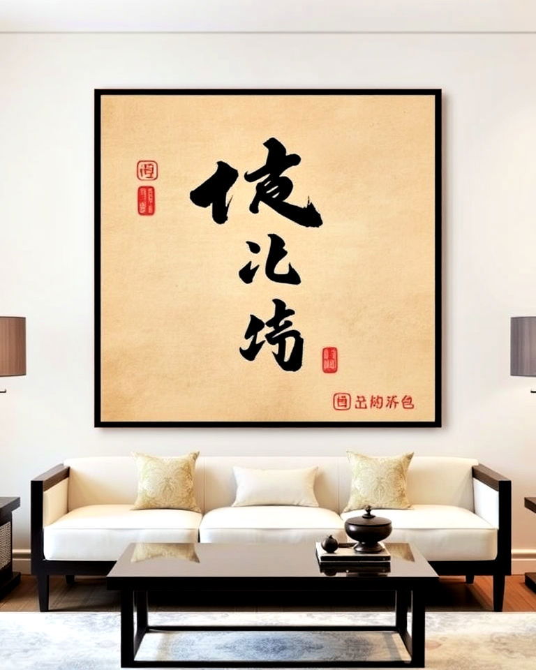 calligraphy wall art for asian decor - 25 Asian Living Room Ideas