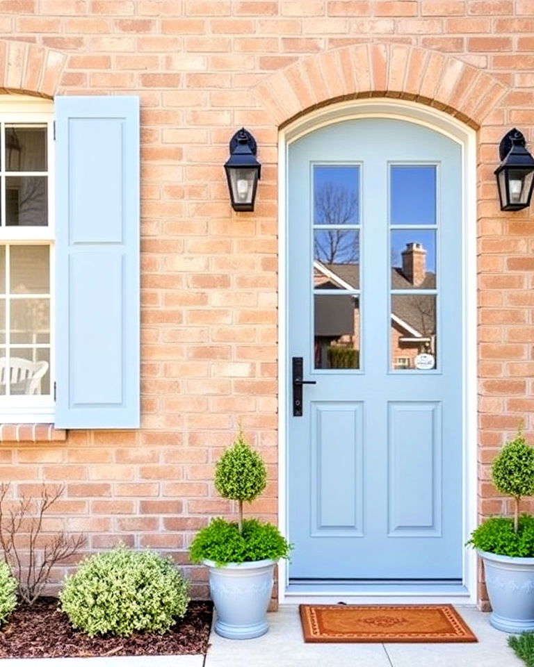 calming dusty blue highlights - 25 Tan Brick House Color Schemes