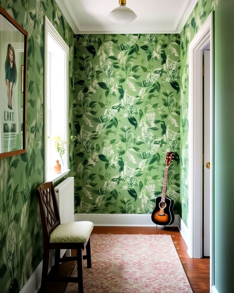 calming green wallpaper with botanical prints - 20 Green Hallway Ideas