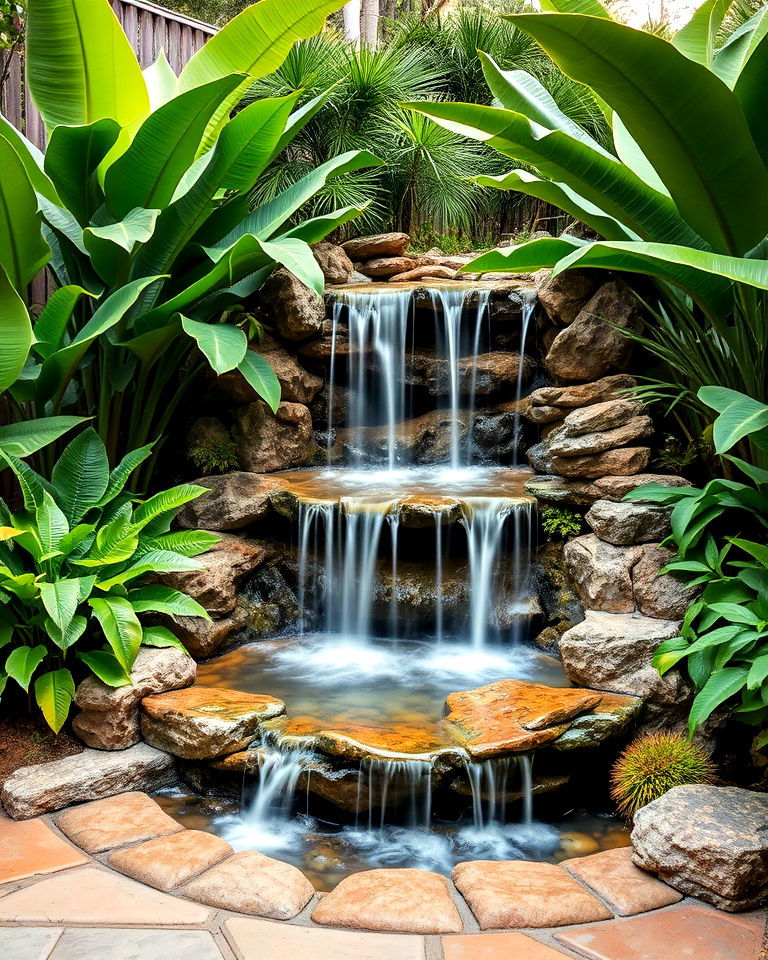 calming tropical waterfall feature - 30 Florida Backyard Ideas