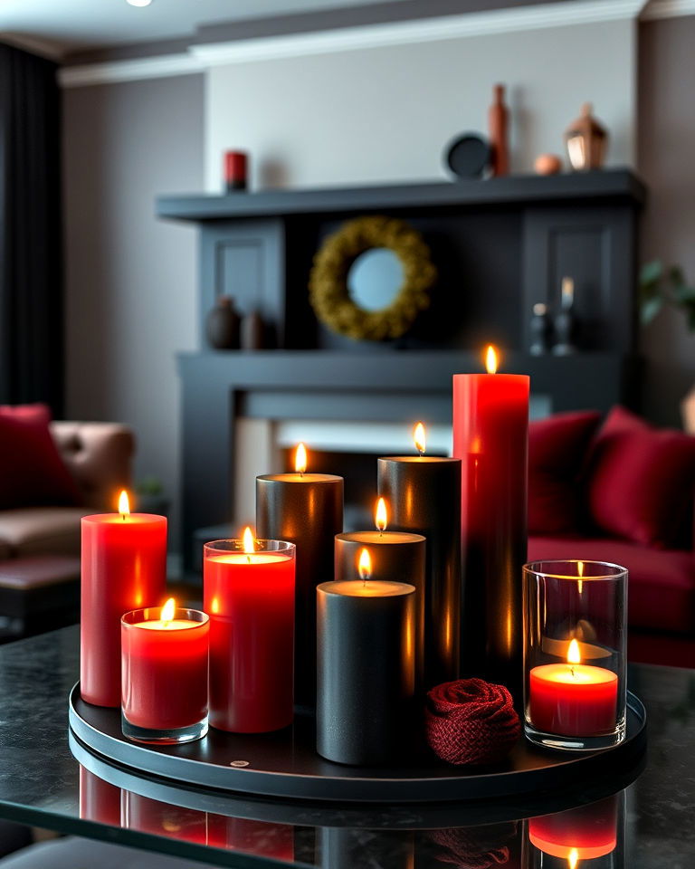candle arrangement for black and red living room - 25 Black and Red Living Room Ideas