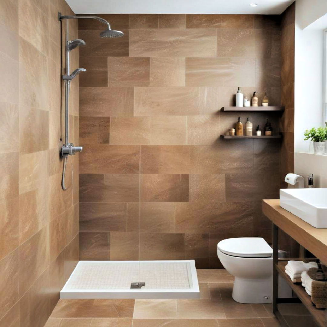 caramel colored shower tiles - 25 Brown Bathroom Ideas