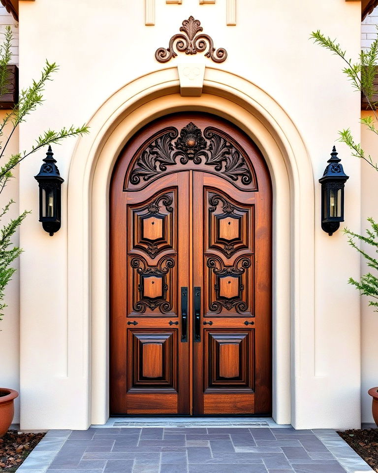 carved wooden doors to reflect spanish artistry - 40 Spanish Style Home Exterior Ideas