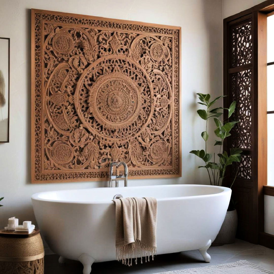carved wooden panel as wall art - 25 Boho Bathroom Ideas